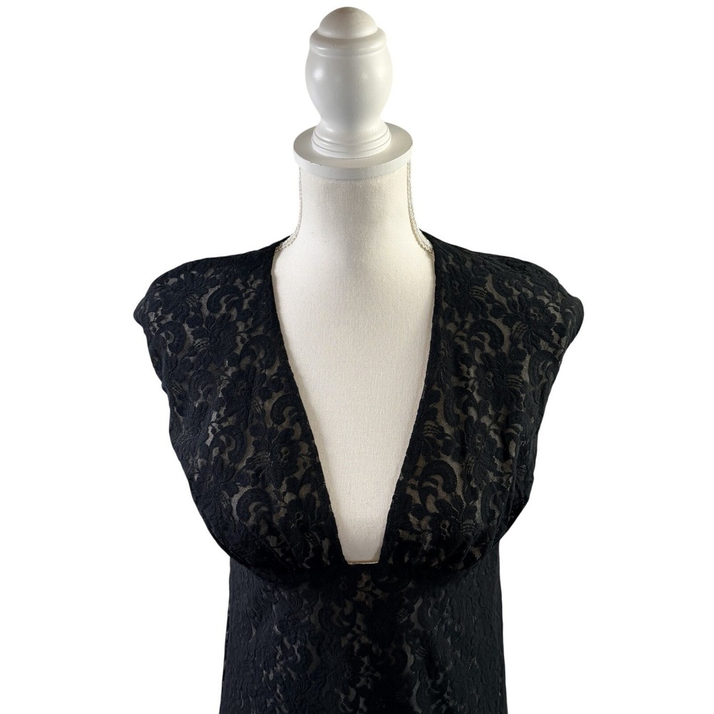 Olga Kapustina Black lace Nude Lined Cap Sleeve Deep V-Neck Midi Dress Medium - Picture 4 of 6